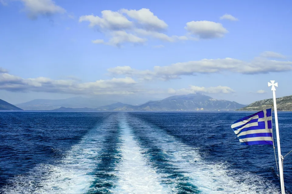 travel, nature, vacations, holidays, summer, journey, tourism, sea, aegean sea, ferry, flag, greek flag, greece